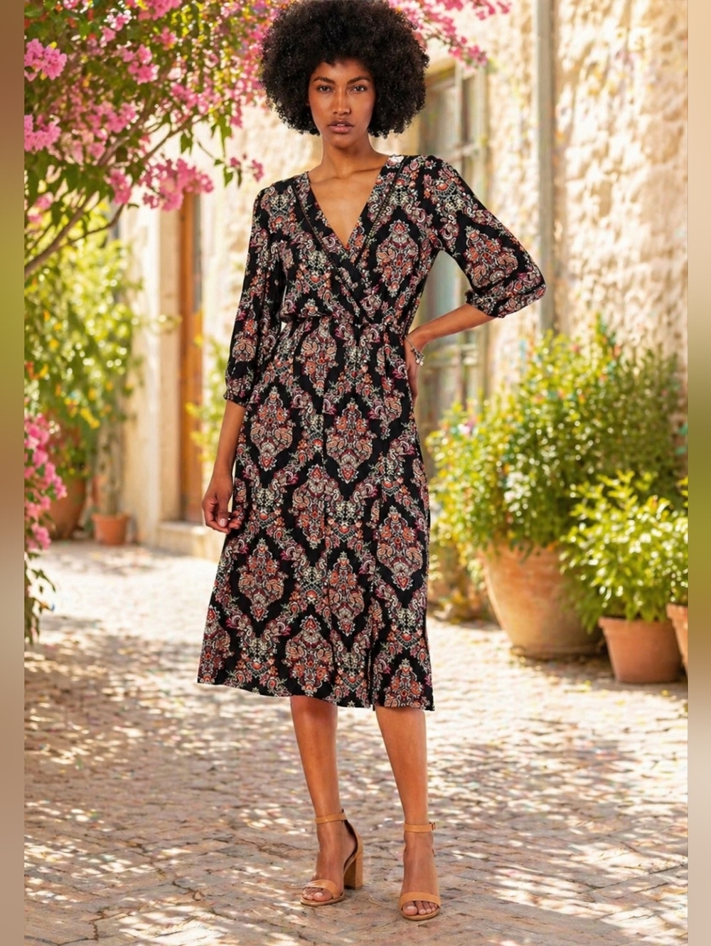 NWT Apricot Black Ornate Paisley Floral Wrap Midi Dress Boho Cottagecore Viscose